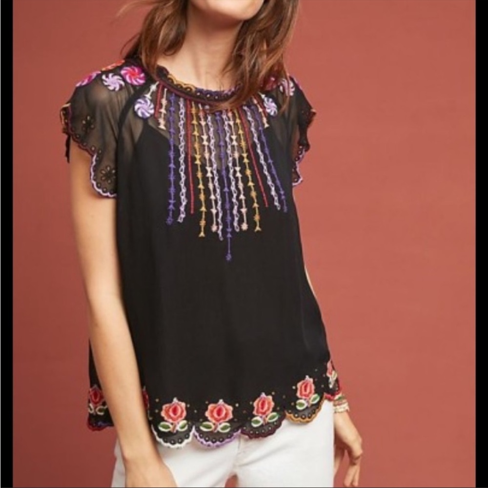 Anthropologie Black Embroidered Top with Red and Purple Accents